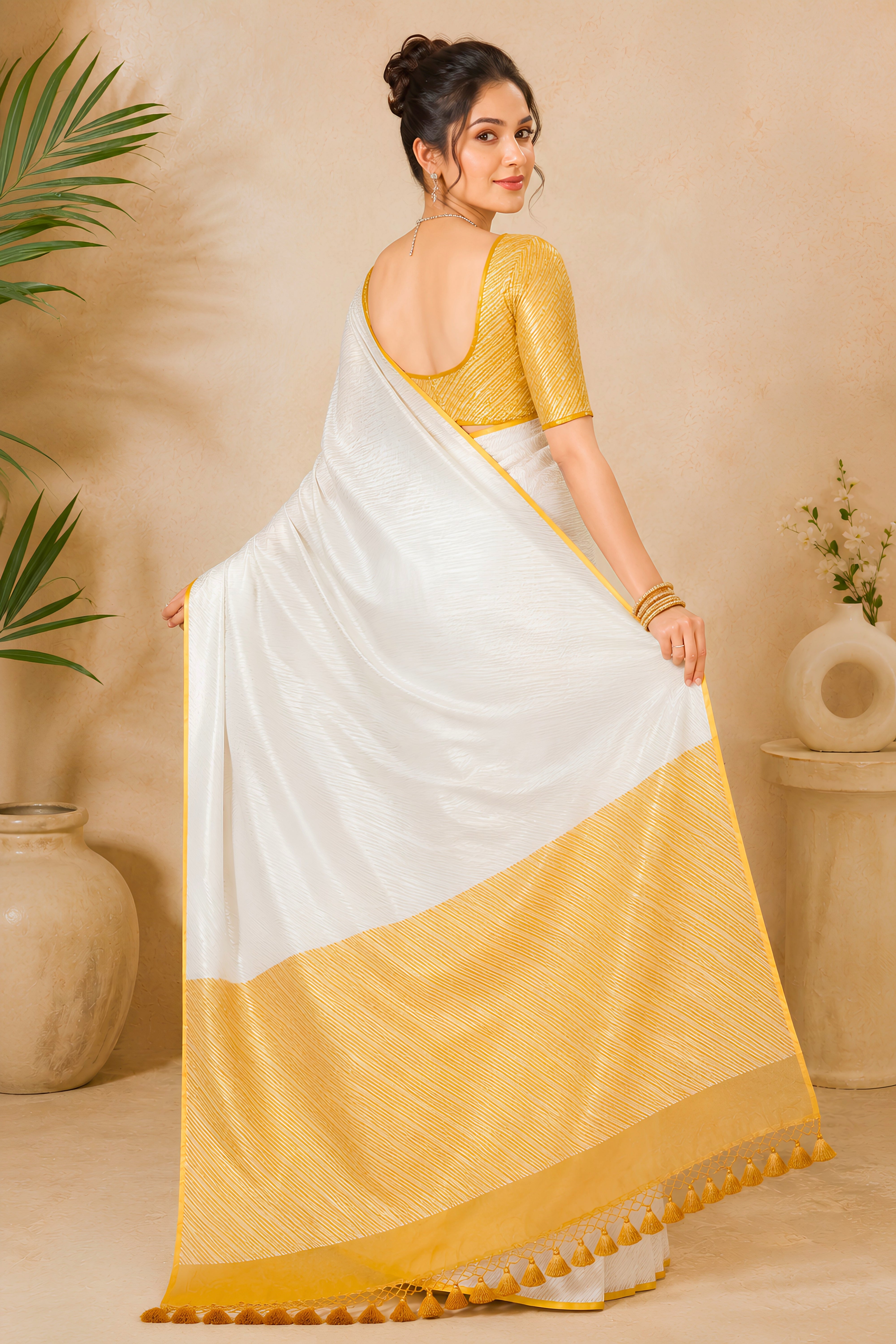 Pristine Silver & Mustard Khadi Stripe Georgette Saree
