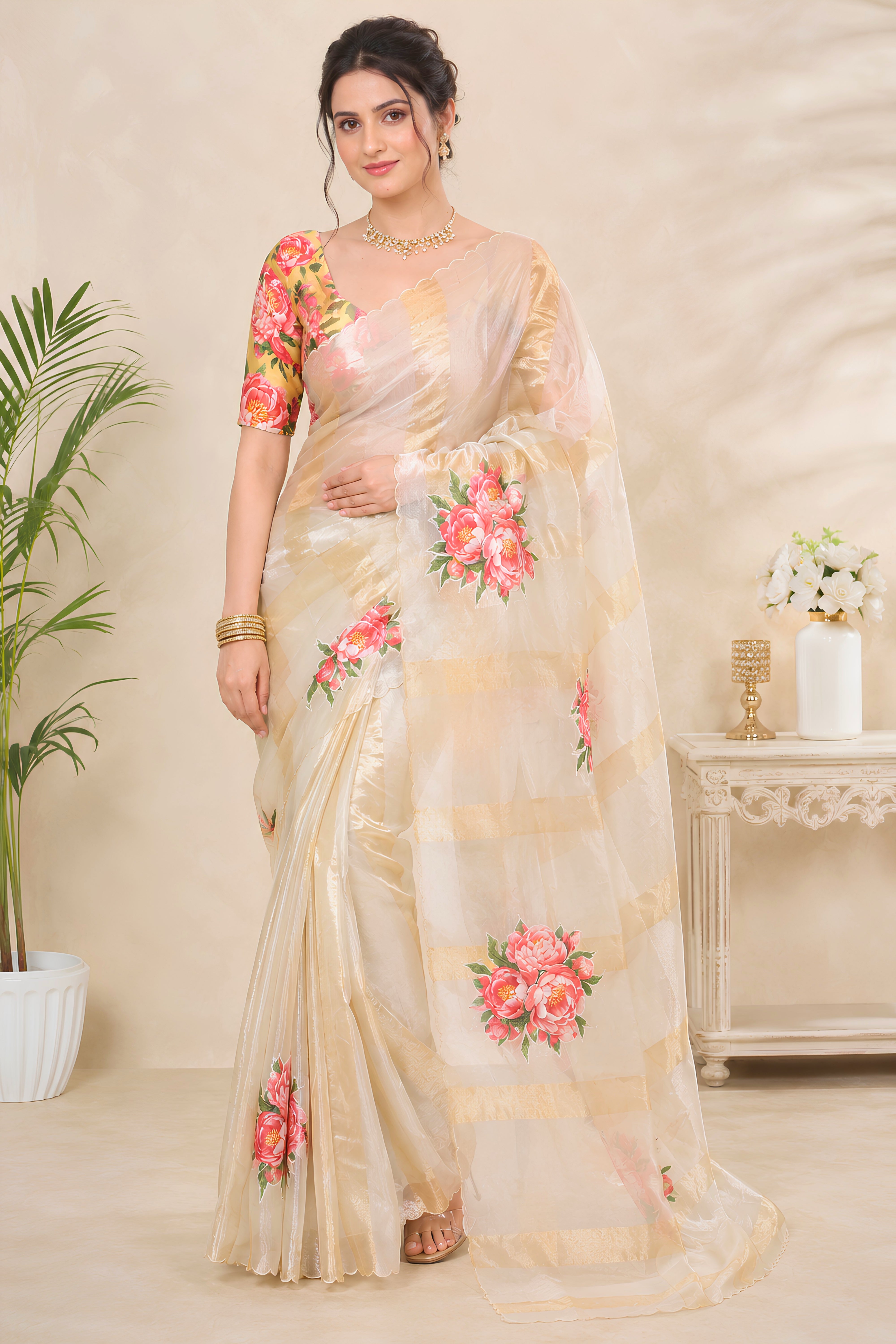 Organza Zari Stripe Saree with Floral Applique Patchwork