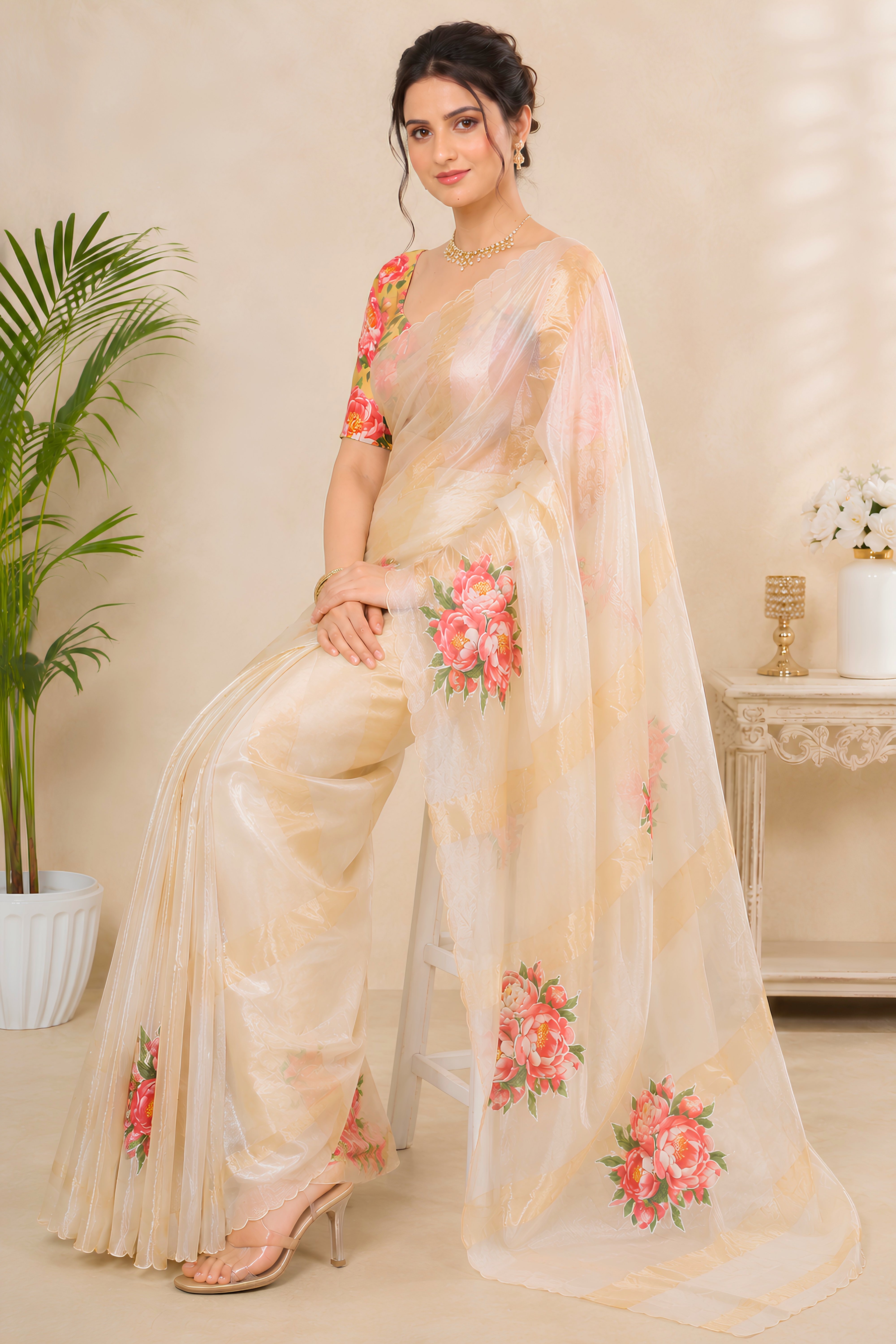 Organza Zari Stripe Saree with Floral Applique Patchwork