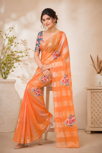 Vibrant Orange Organza Zari Stripe Saree with Floral Applique