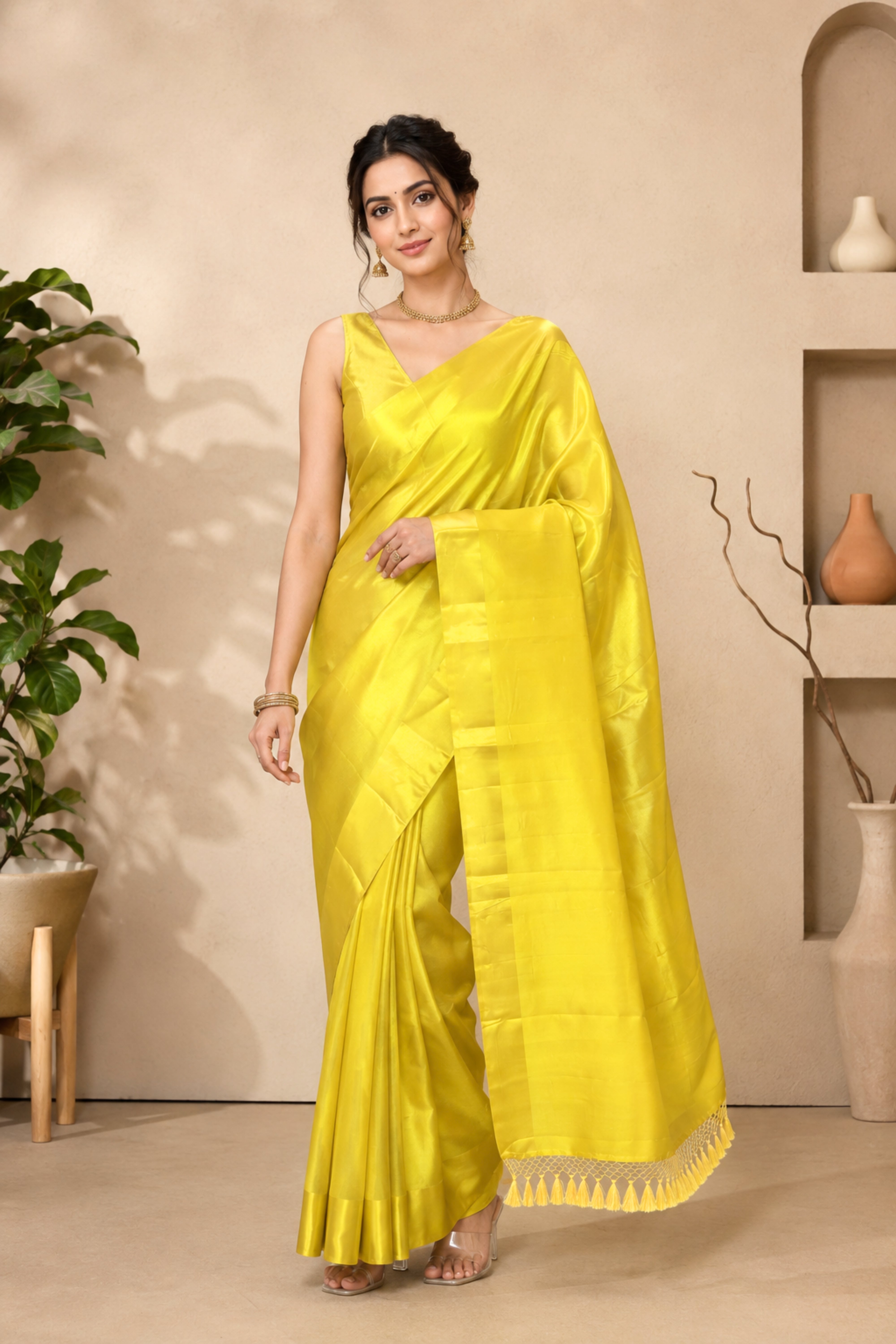 Celebrity-Inspired Luminous Lime Yellow Raw Mango Silk Saree