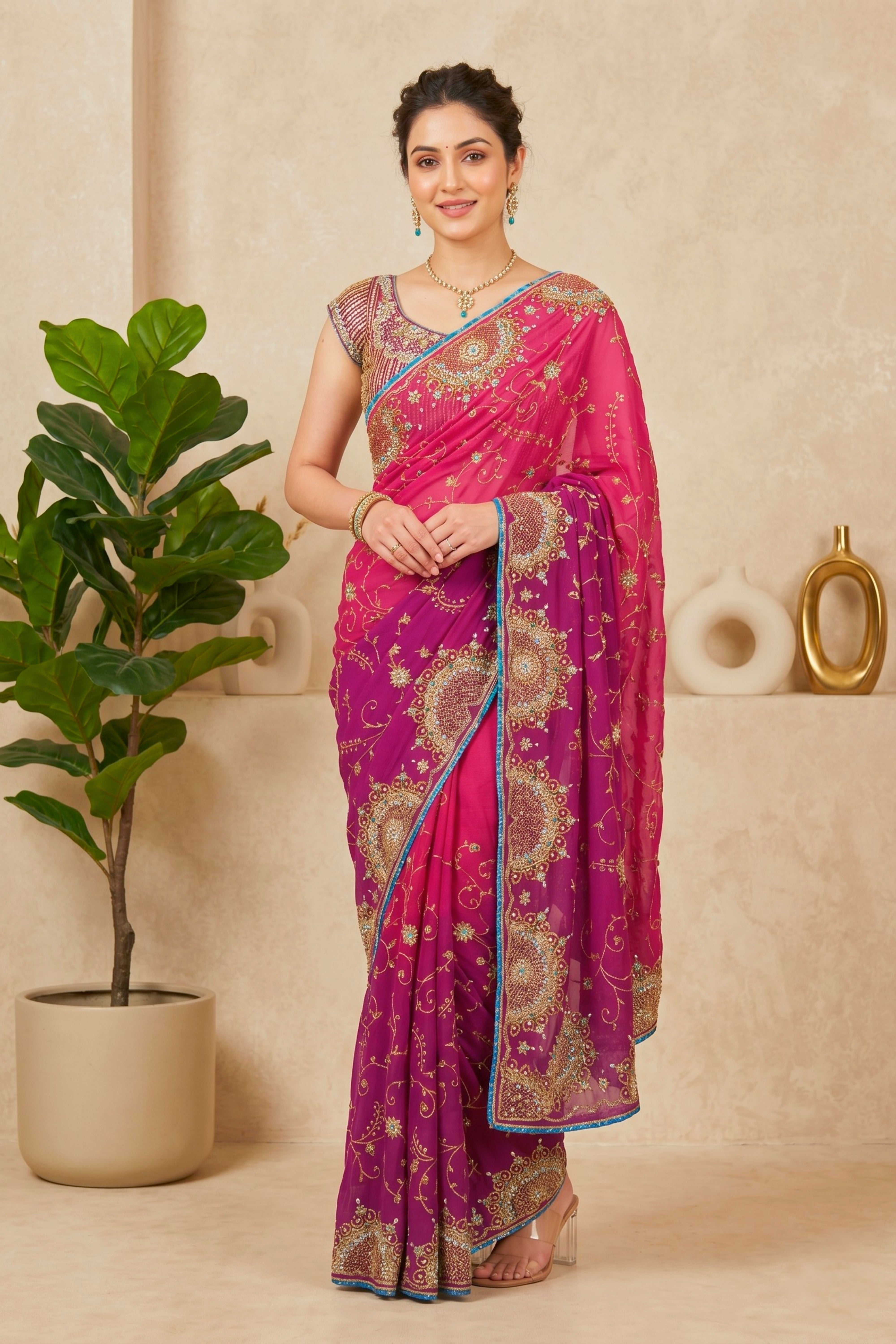 Ombre Pink & Purple Embroidered Georgette Saree with Readymade Blouse