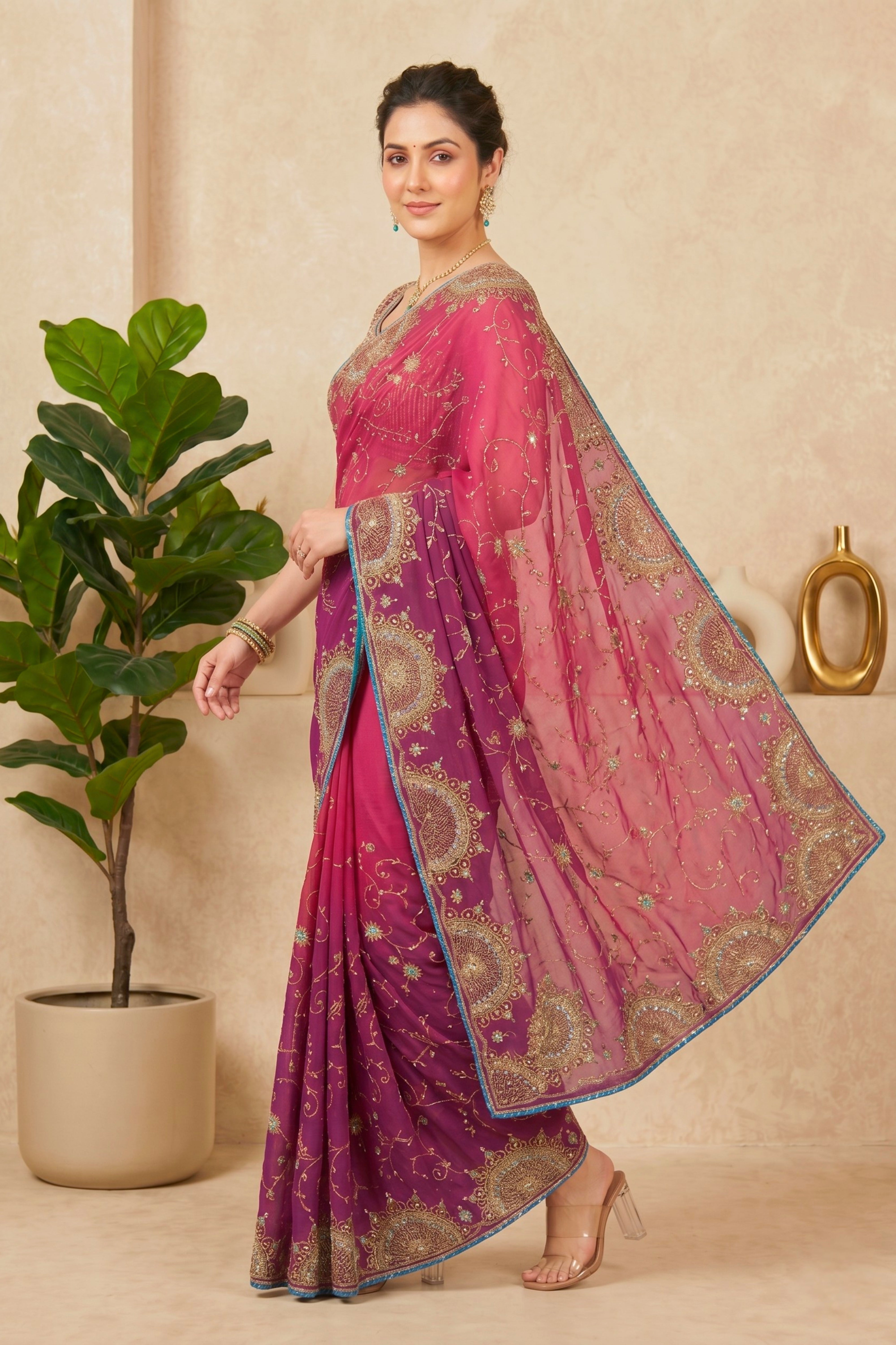 Ombre Pink & Purple Embroidered Georgette Saree with Readymade Blouse