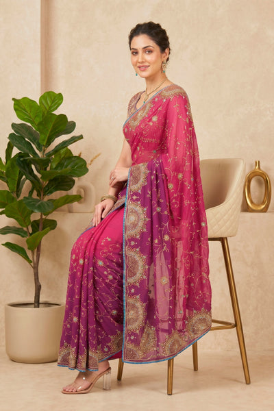 Ombre Pink & Purple Embroidered Georgette Saree with Readymade Blouse