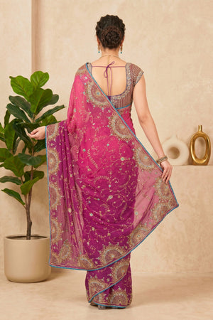Ombre Pink & Purple Embroidered Georgette Saree with Readymade Blouse