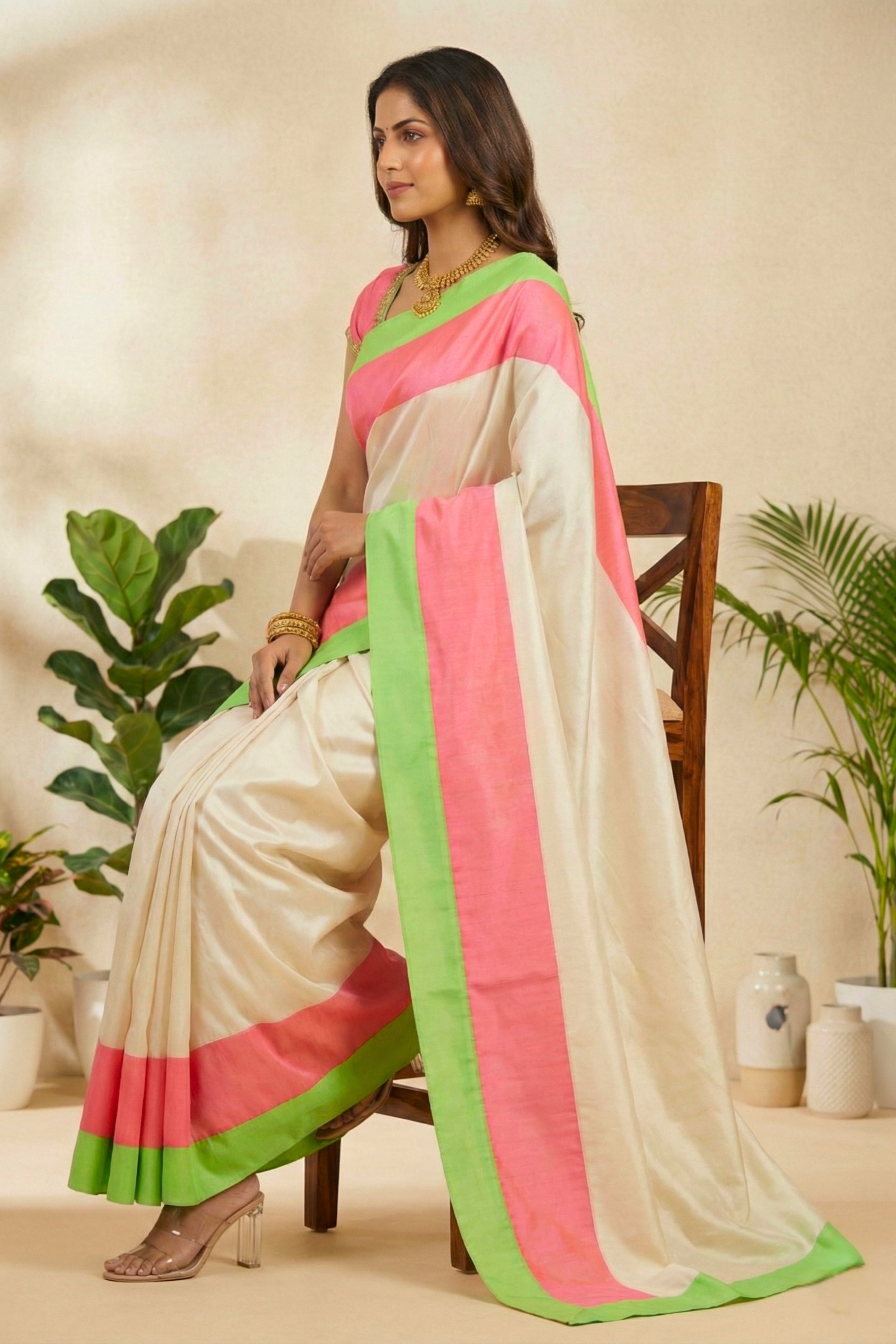 Ivory Soft Silk Saree with Neon Pink & Green Border with Readymade Blouse