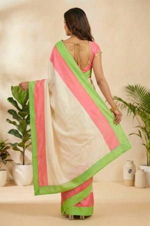 Ivory Soft Silk Saree with Neon Pink & Green Border with Readymade Blouse