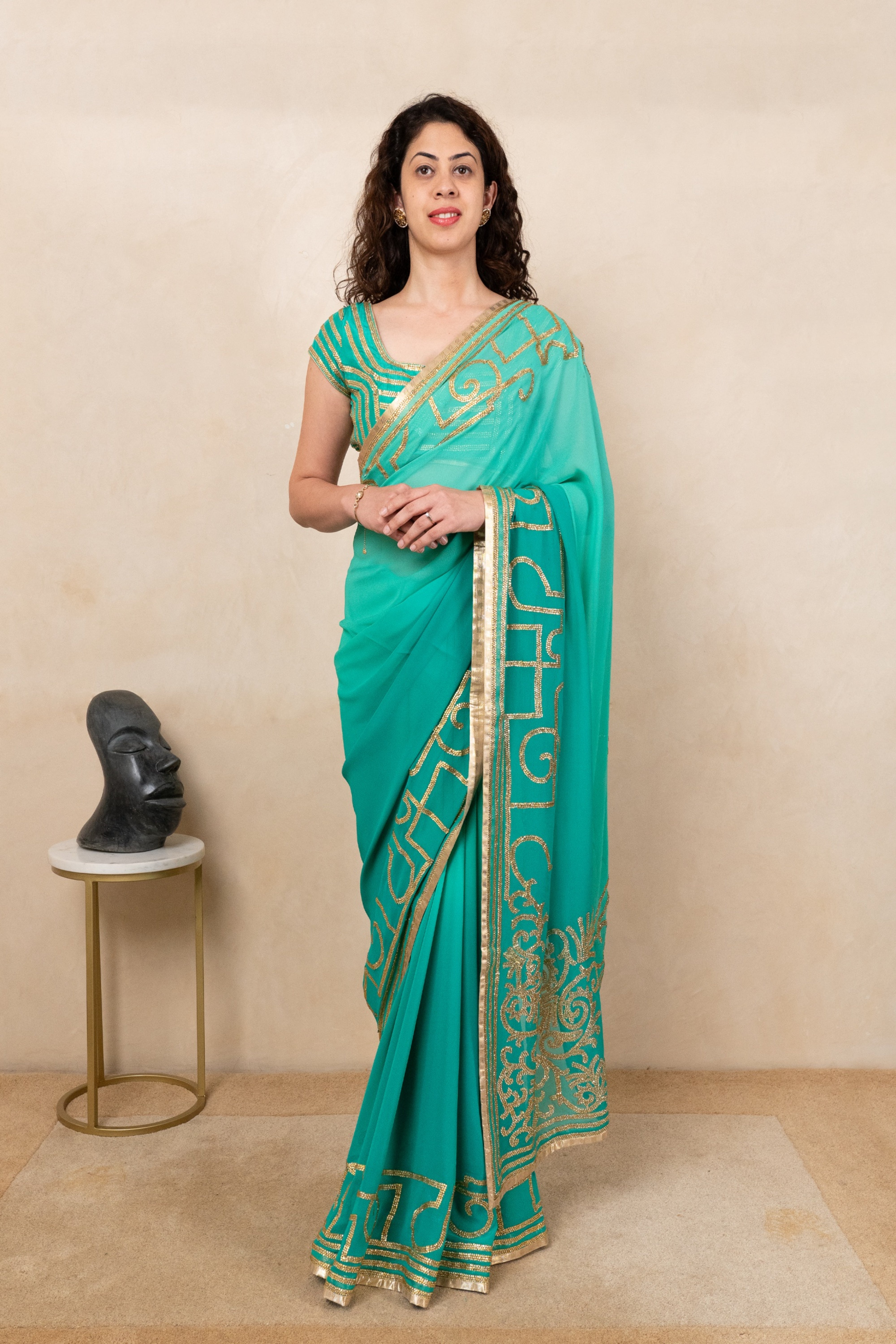 Vibrant Teal Green Pure Georgette Saree with Ready Blouse