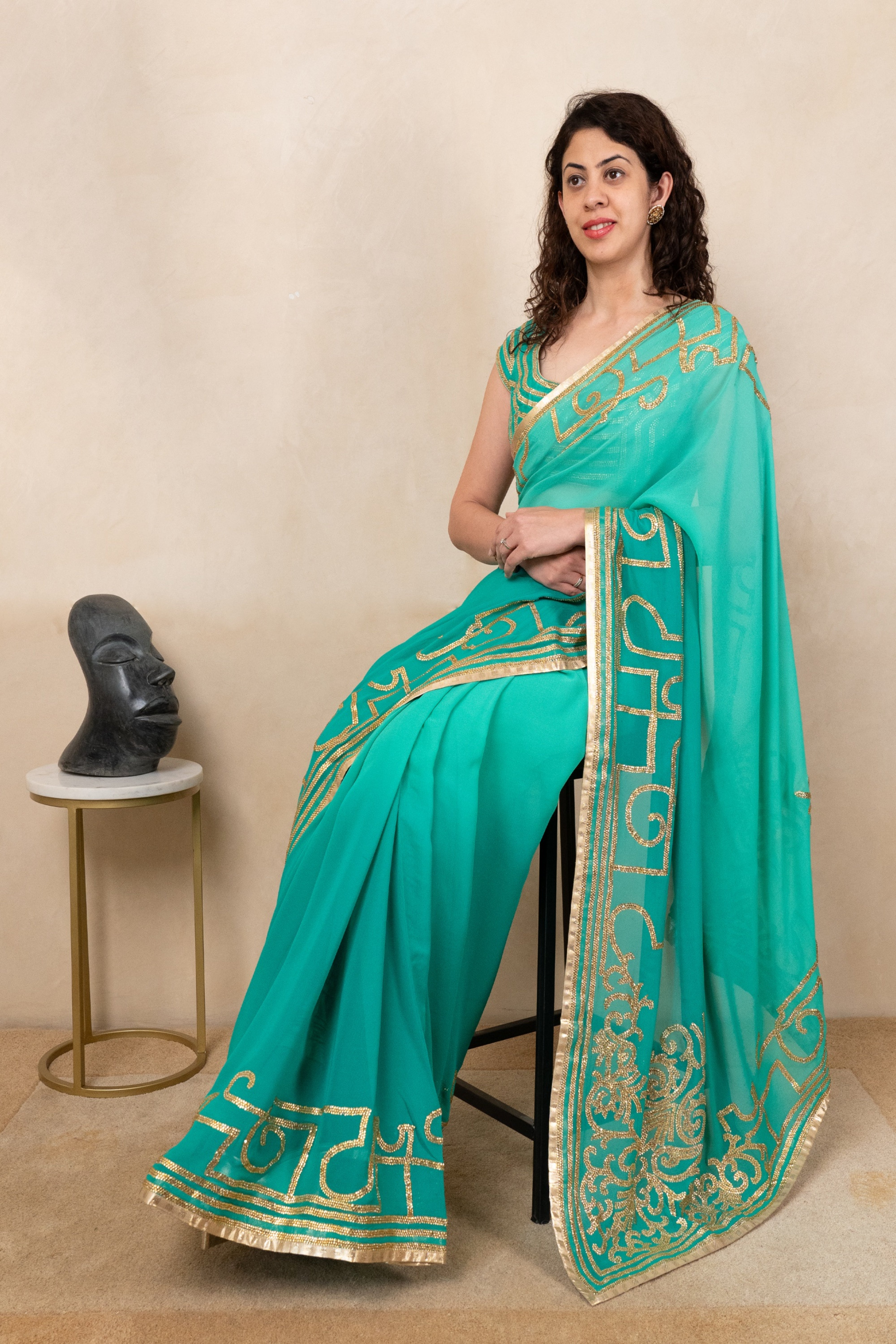 Vibrant Teal Green Pure Georgette Saree with Ready Blouse
