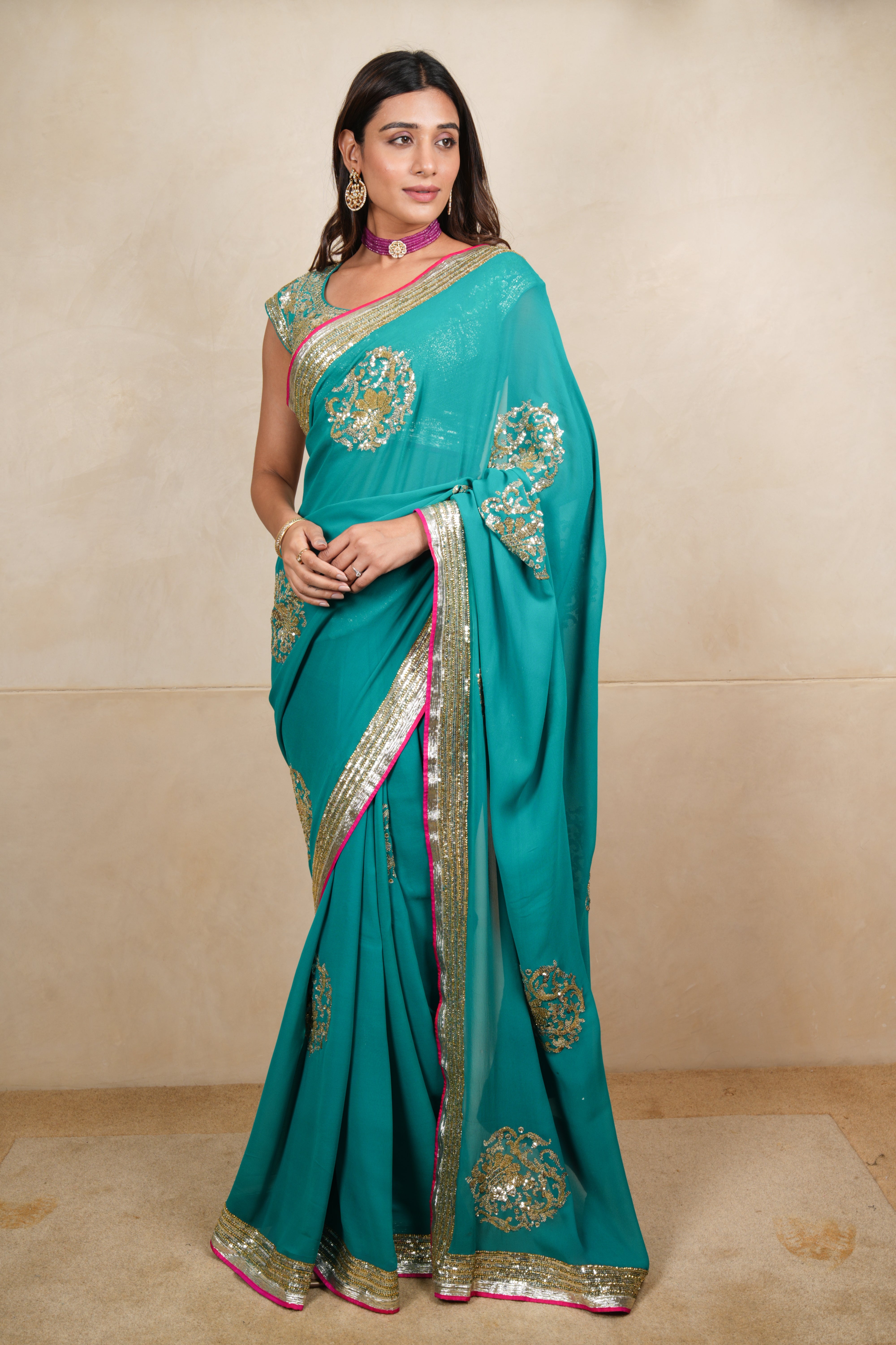 Elegant Rama Green Designer Georgette Saree with Ready Blouse