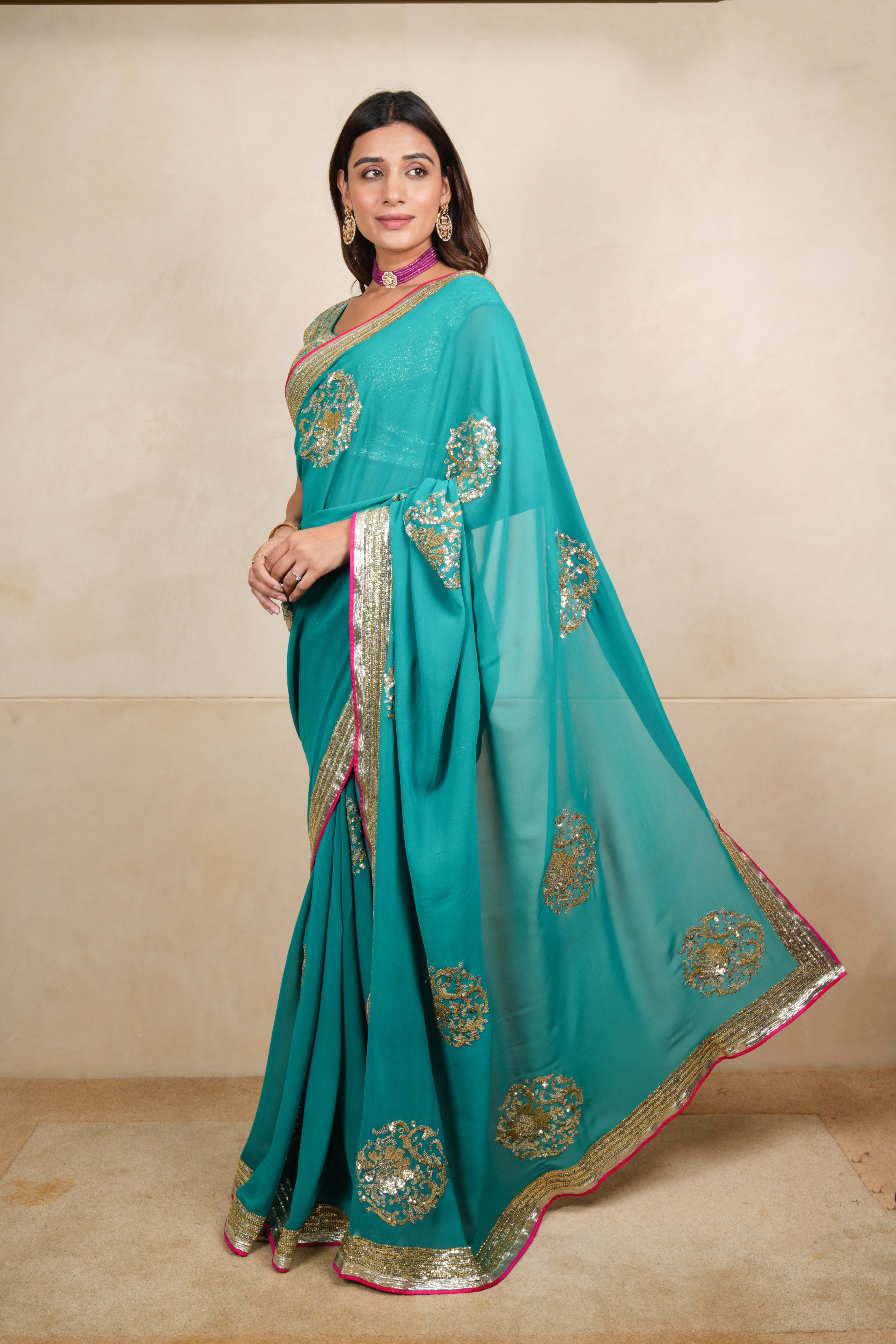 Elegant Rama Green Designer Georgette Saree with Ready Blouse