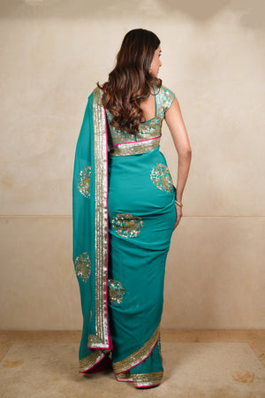 Elegant Rama Green Designer Georgette Saree with Ready Blouse