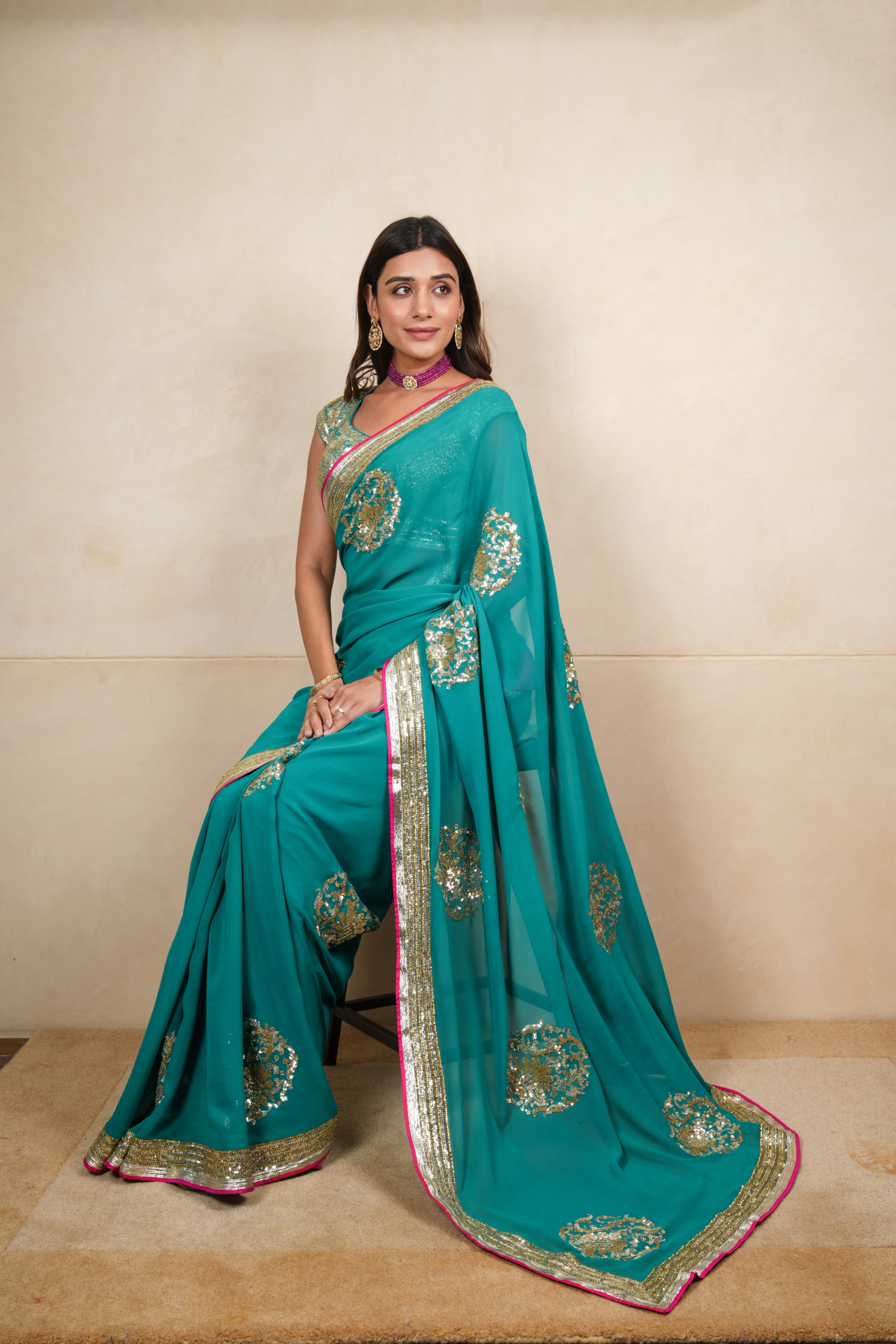 Elegant Rama Green Designer Georgette Saree with Ready Blouse