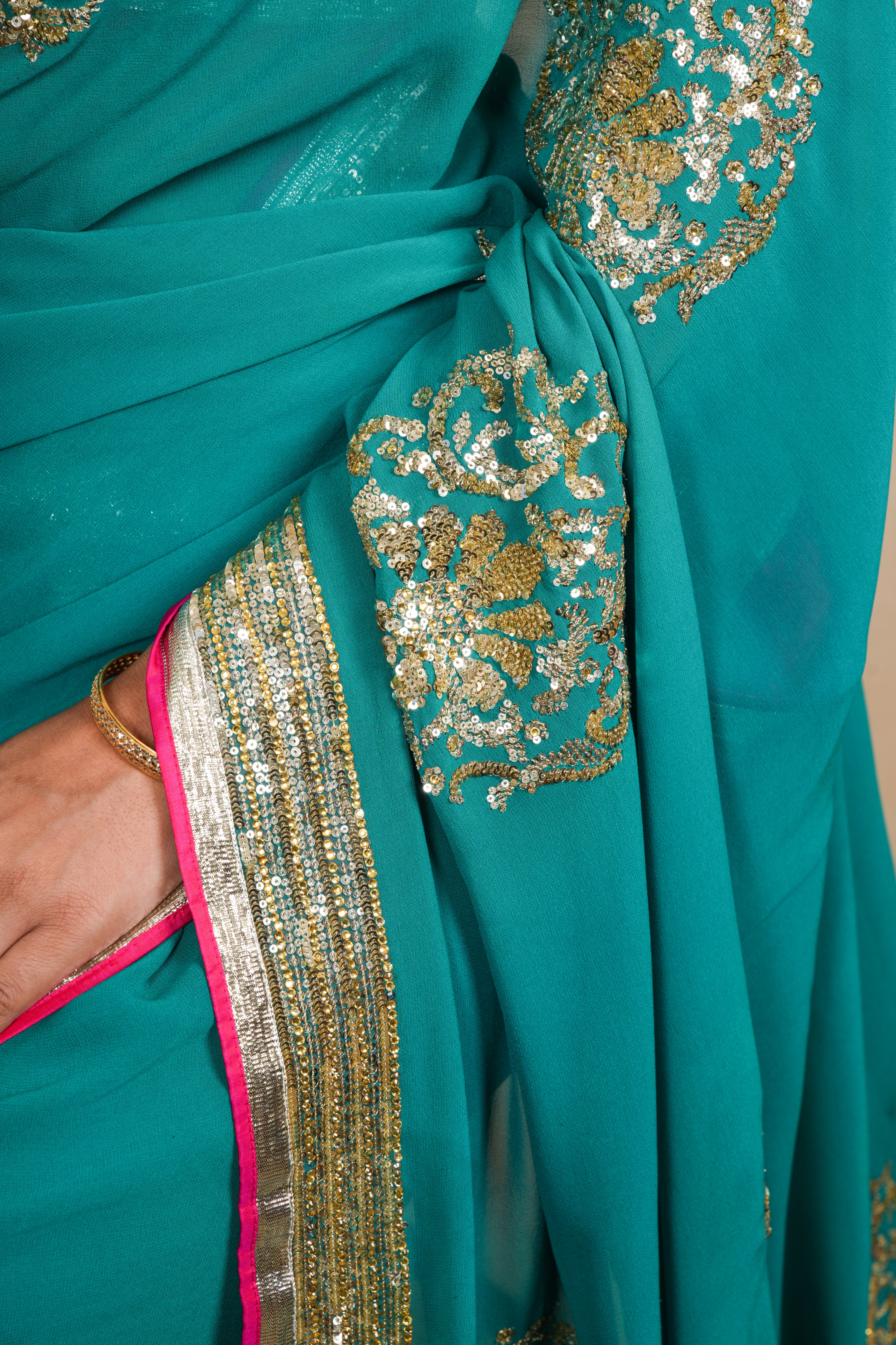 Elegant Rama Green Designer Georgette Saree with Ready Blouse