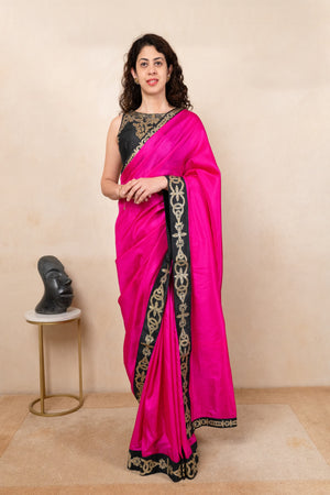 Vibrant Hot Pink Silk Saree with Embroidered Ready Blouse
