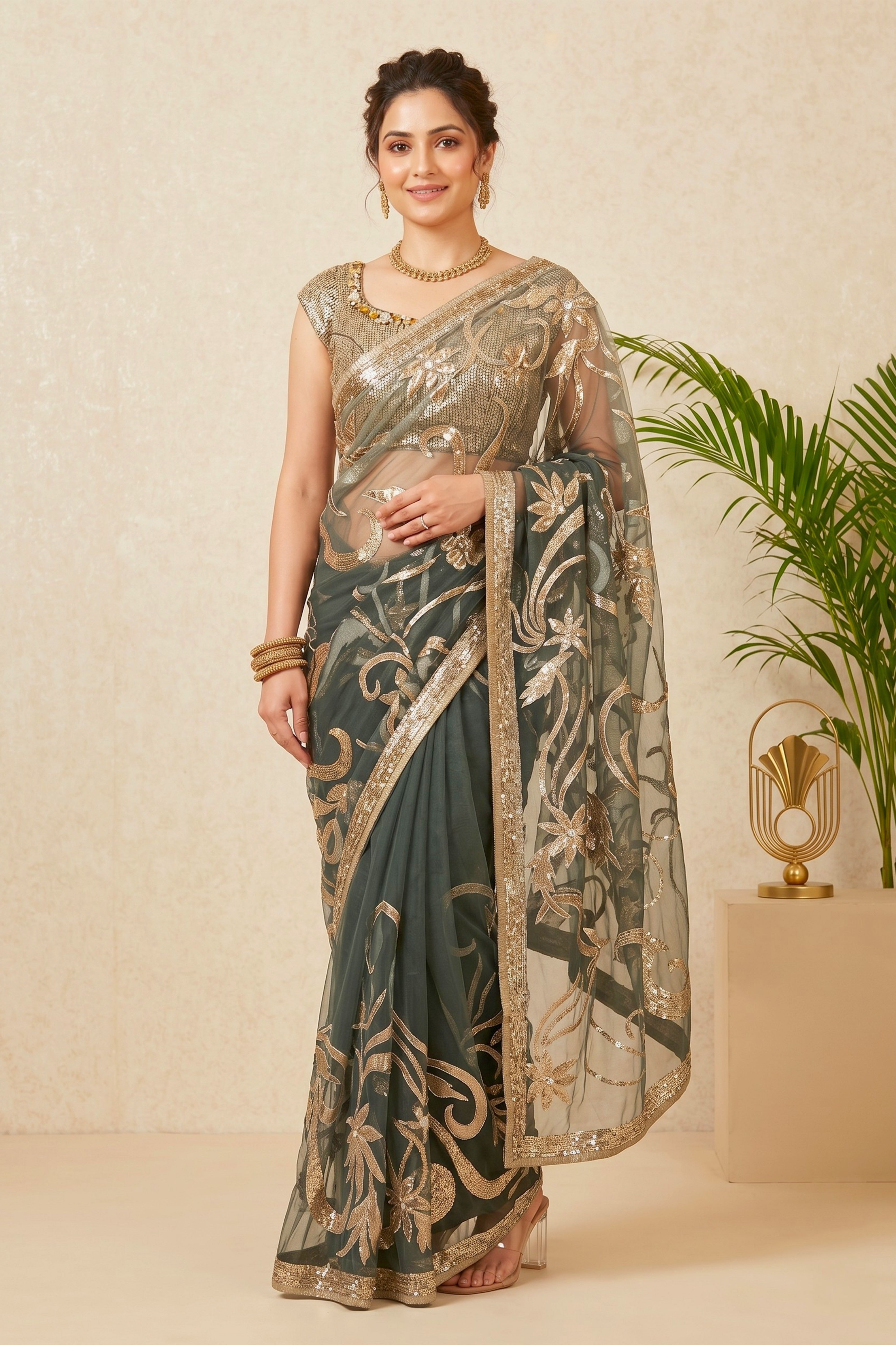 Glamorous Charcoal Grey Embroidered Net Saree with Readymade Blouse