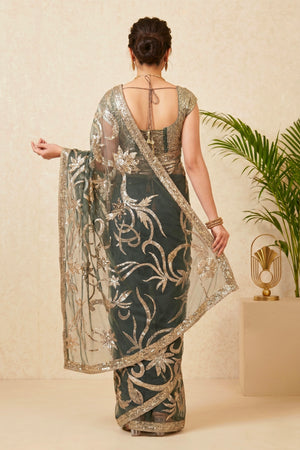 Glamorous Charcoal Grey Embroidered Net Saree with Readymade Blouse