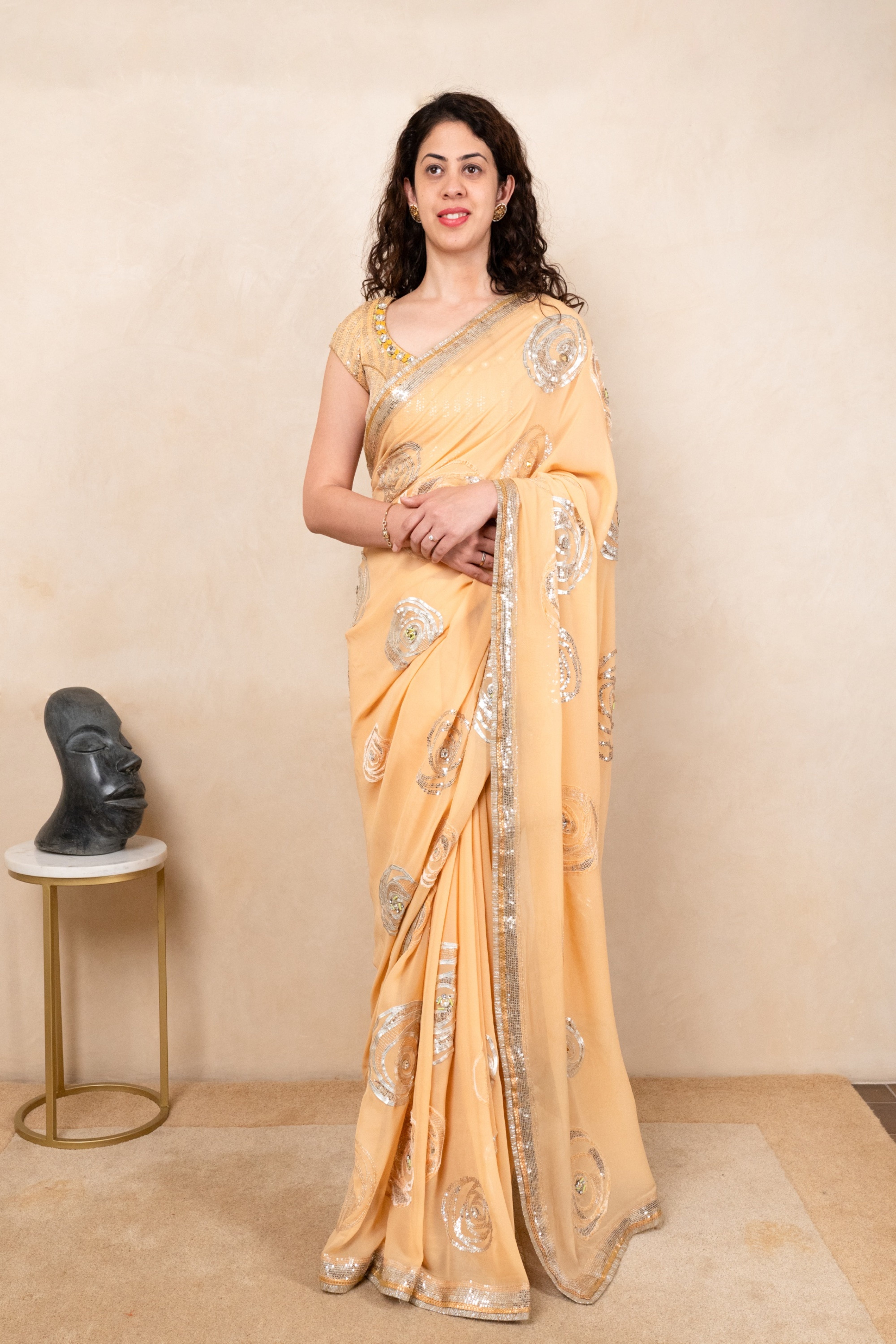 Elegant Pastel Peach Pure Georgette Saree with Ready Blouse