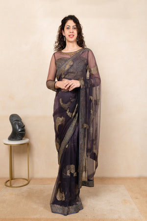 Glamorous Dark Purple Soft Net Saree with Designer Ready Blouse