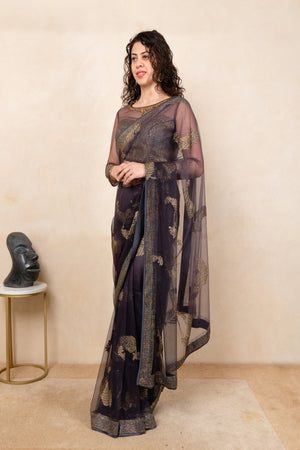 Glamorous Dark Purple Soft Net Saree with Designer Ready Blouse