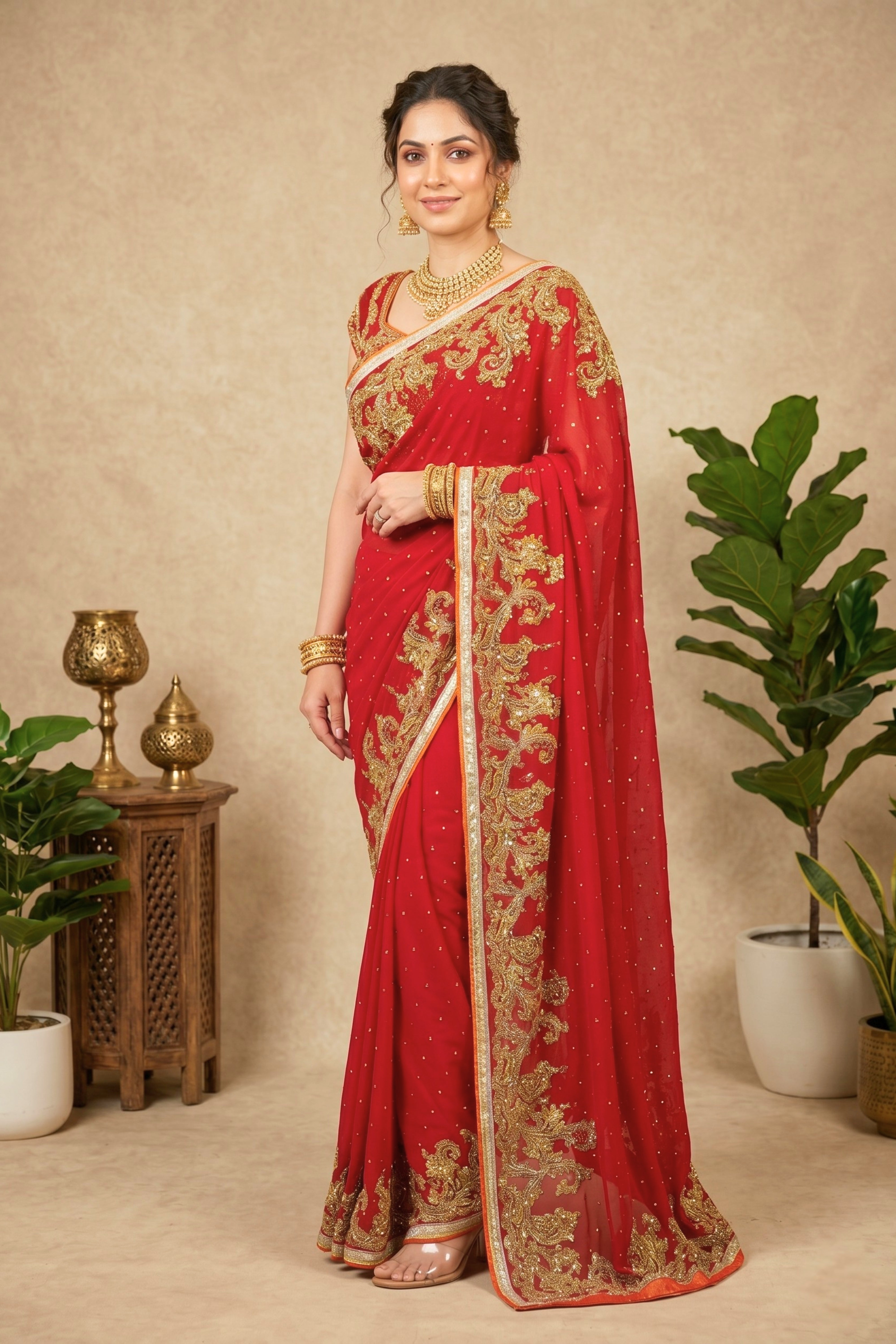 Bridal Red Embroidered Georgette Saree with Readymade Blouse
