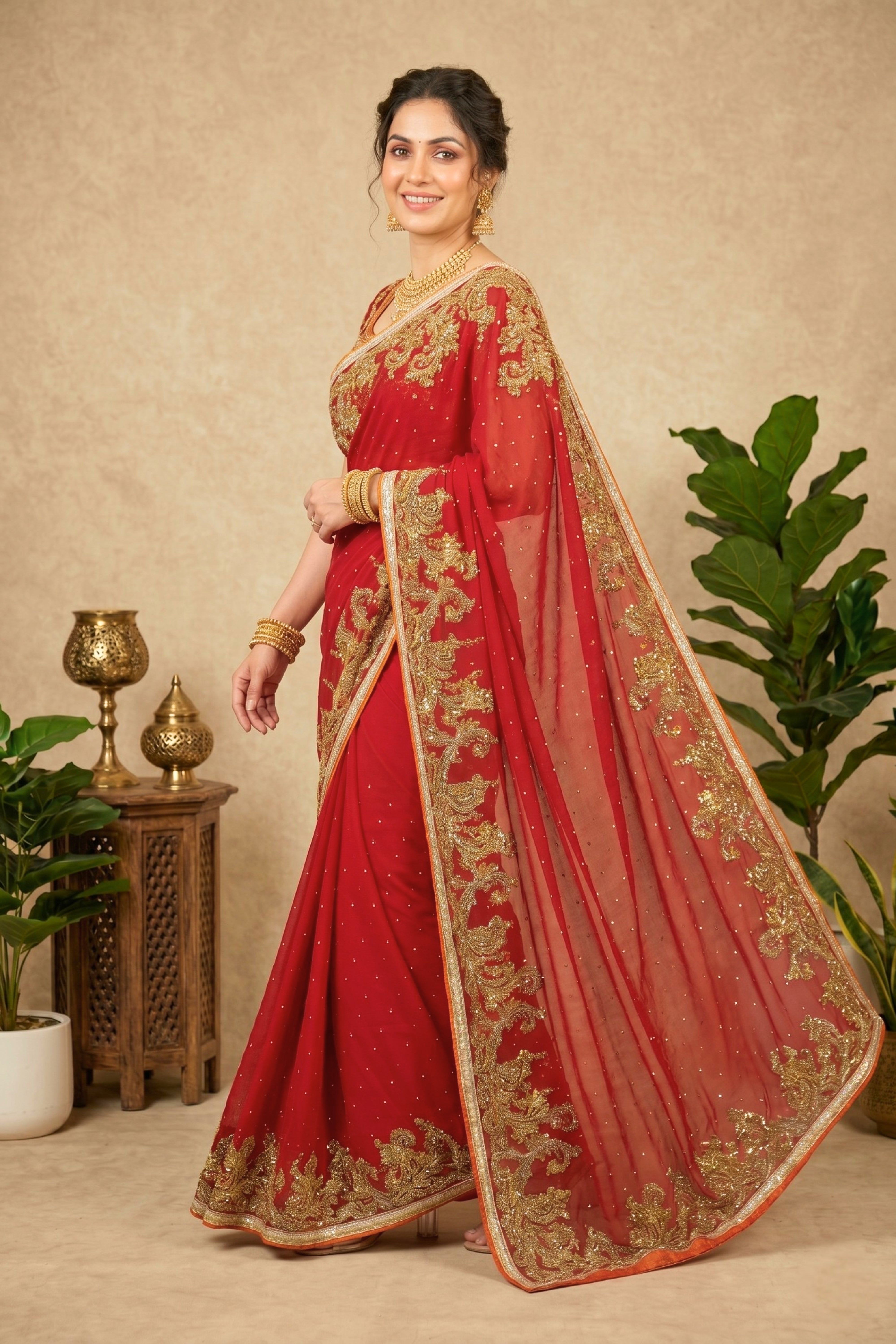Bridal Red Embroidered Georgette Saree with Readymade Blouse