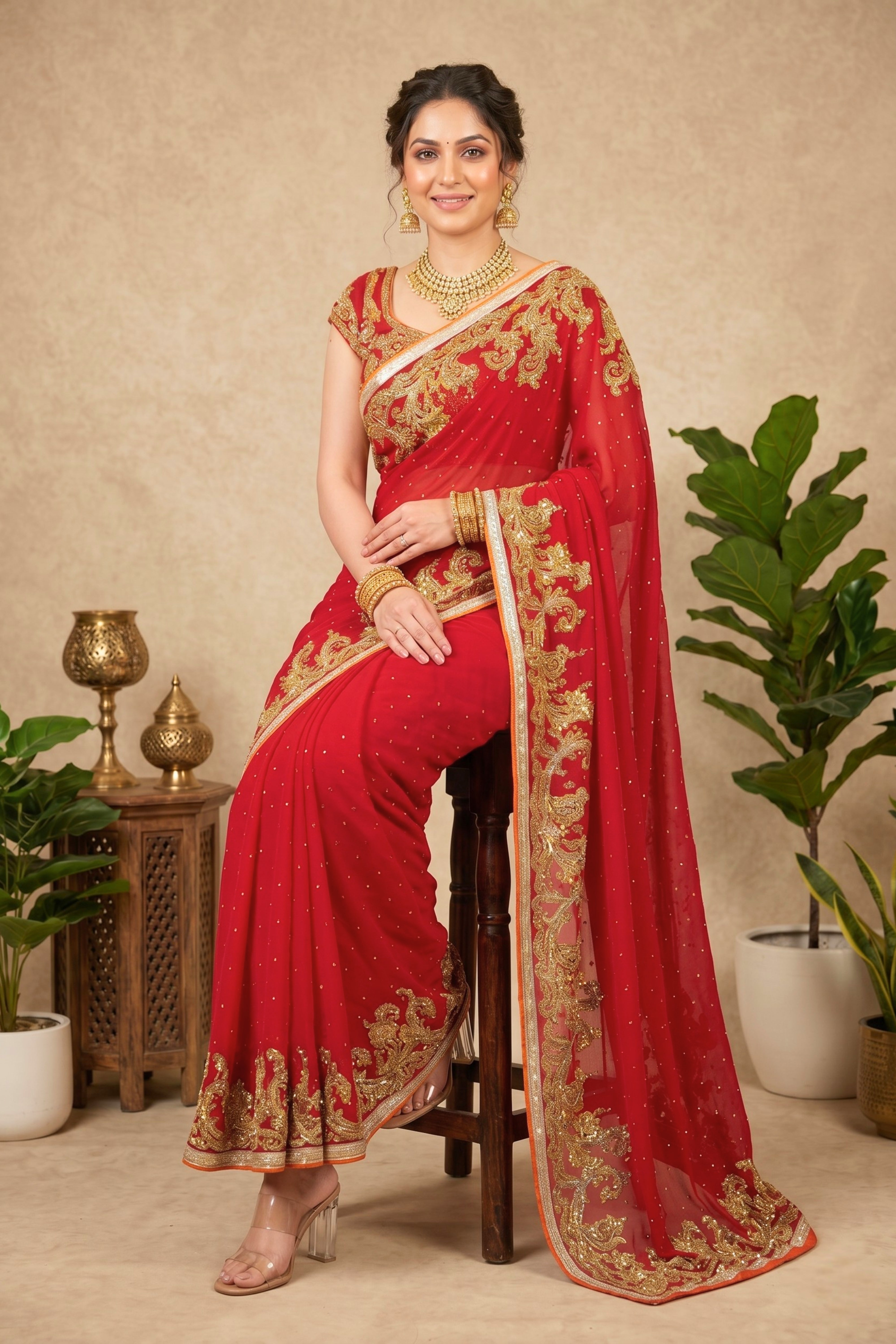 Bridal Red Embroidered Georgette Saree with Readymade Blouse