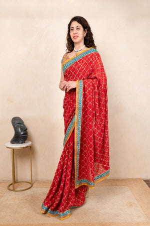 Vibrant Red Pure Georgette Saree with Ready Blouse