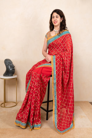 Vibrant Red Pure Georgette Saree with Ready Blouse