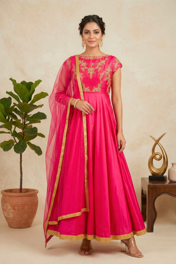 Vibrant Fuchsia Pink Silk Anarkali Suit Set with Gold Floral Embroidery