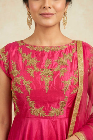 Vibrant Fuchsia Pink Silk Anarkali Suit Set with Gold Floral Embroidery