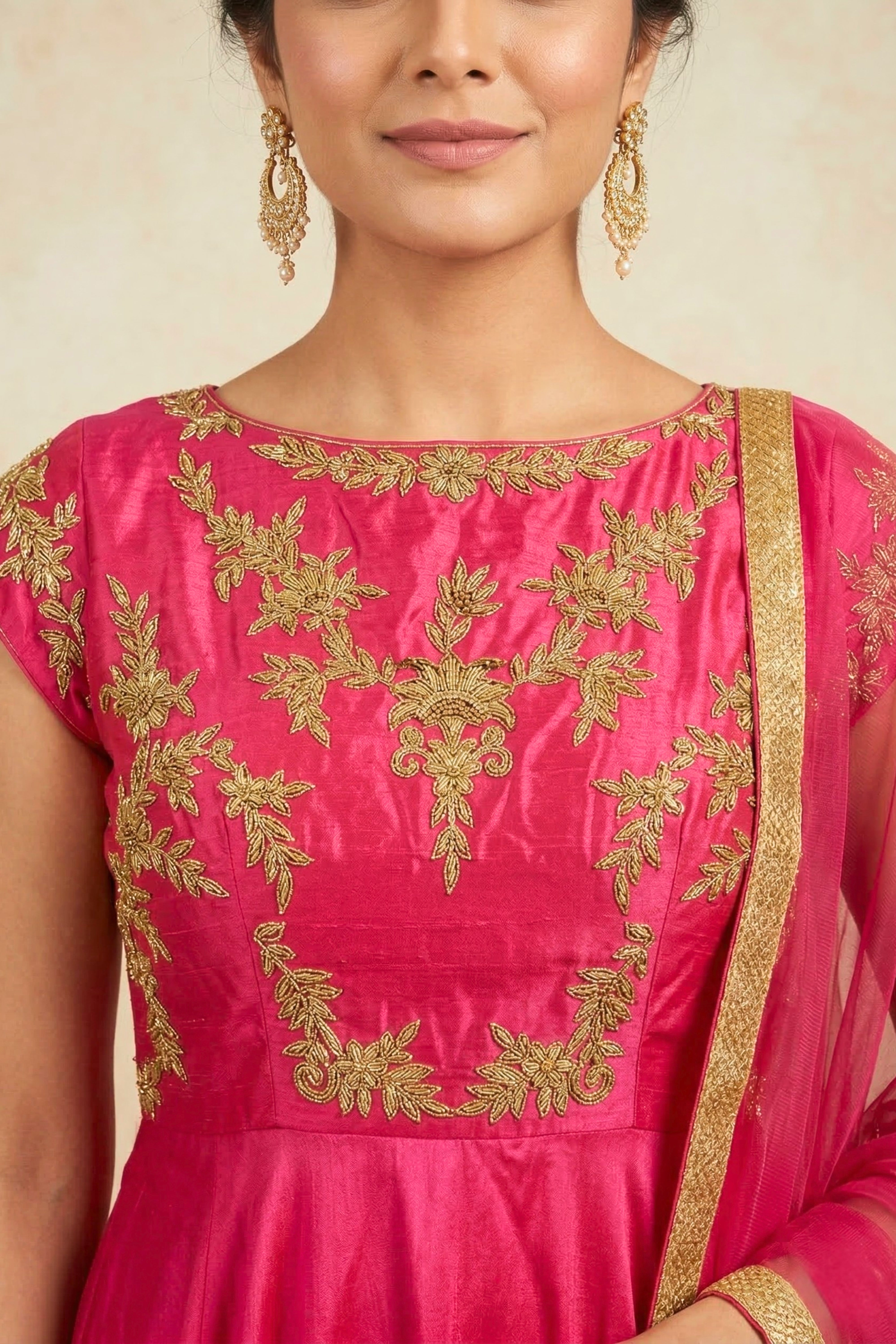 Vibrant Fuchsia Pink Silk Anarkali Suit Set with Gold Floral Embroidery