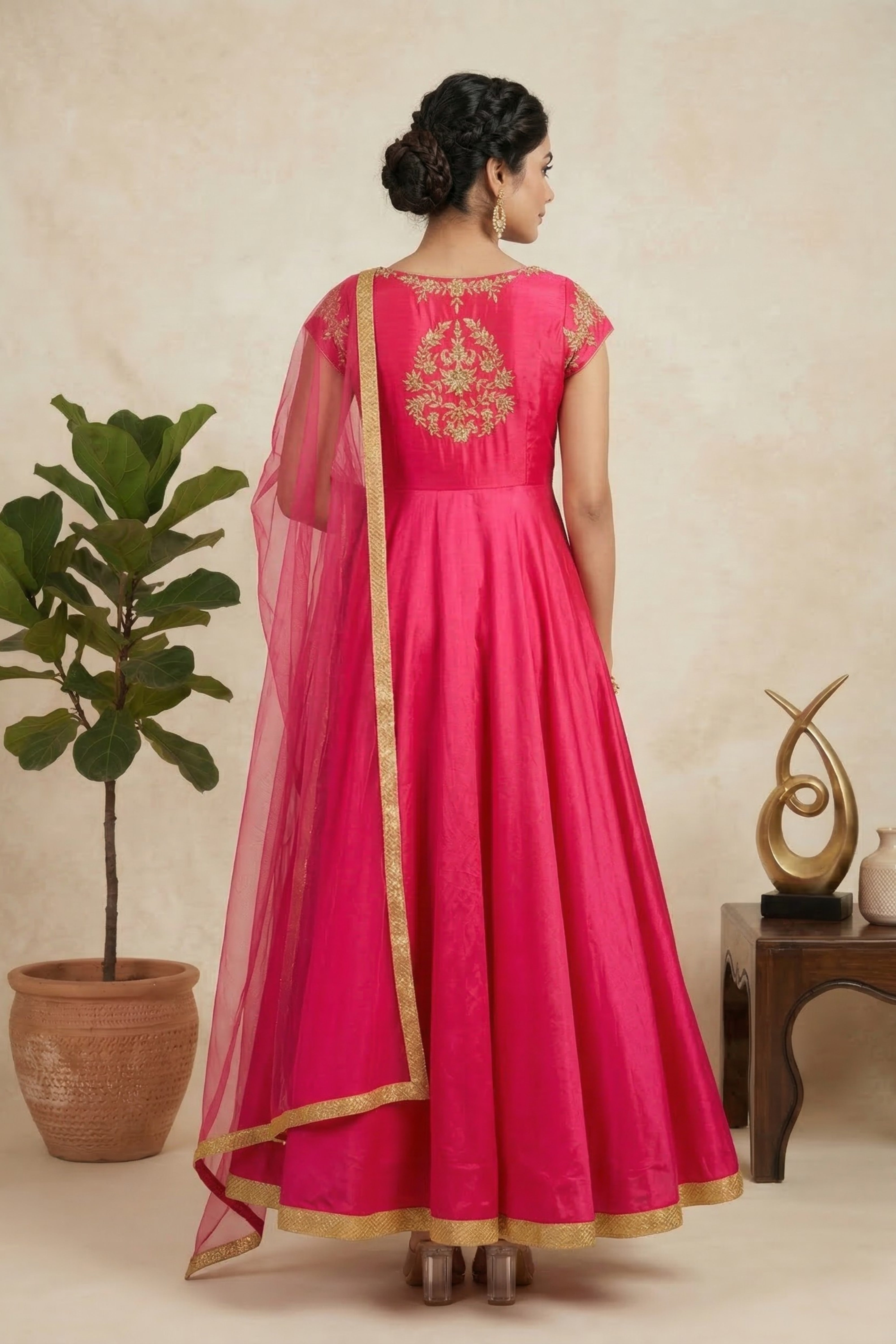 Vibrant Fuchsia Pink Silk Anarkali Suit Set with Gold Floral Embroidery