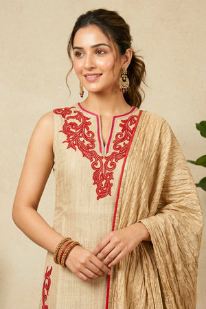 Beige Raw Silk Suit Set with Red Embroidery