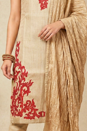 Beige Raw Silk Suit Set with Red Embroidery