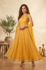 Radiant Light Yellow & Gold Kota Silk Anarkali Suit Set