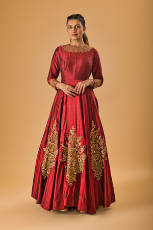 Burgundy Maroon & Gold Embroidered Silk Gown
