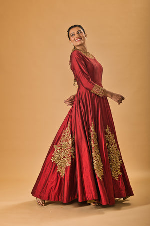 Burgundy Maroon & Gold Embroidered Silk Gown