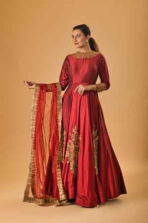 Burgundy Maroon & Gold Embroidered Silk Gown
