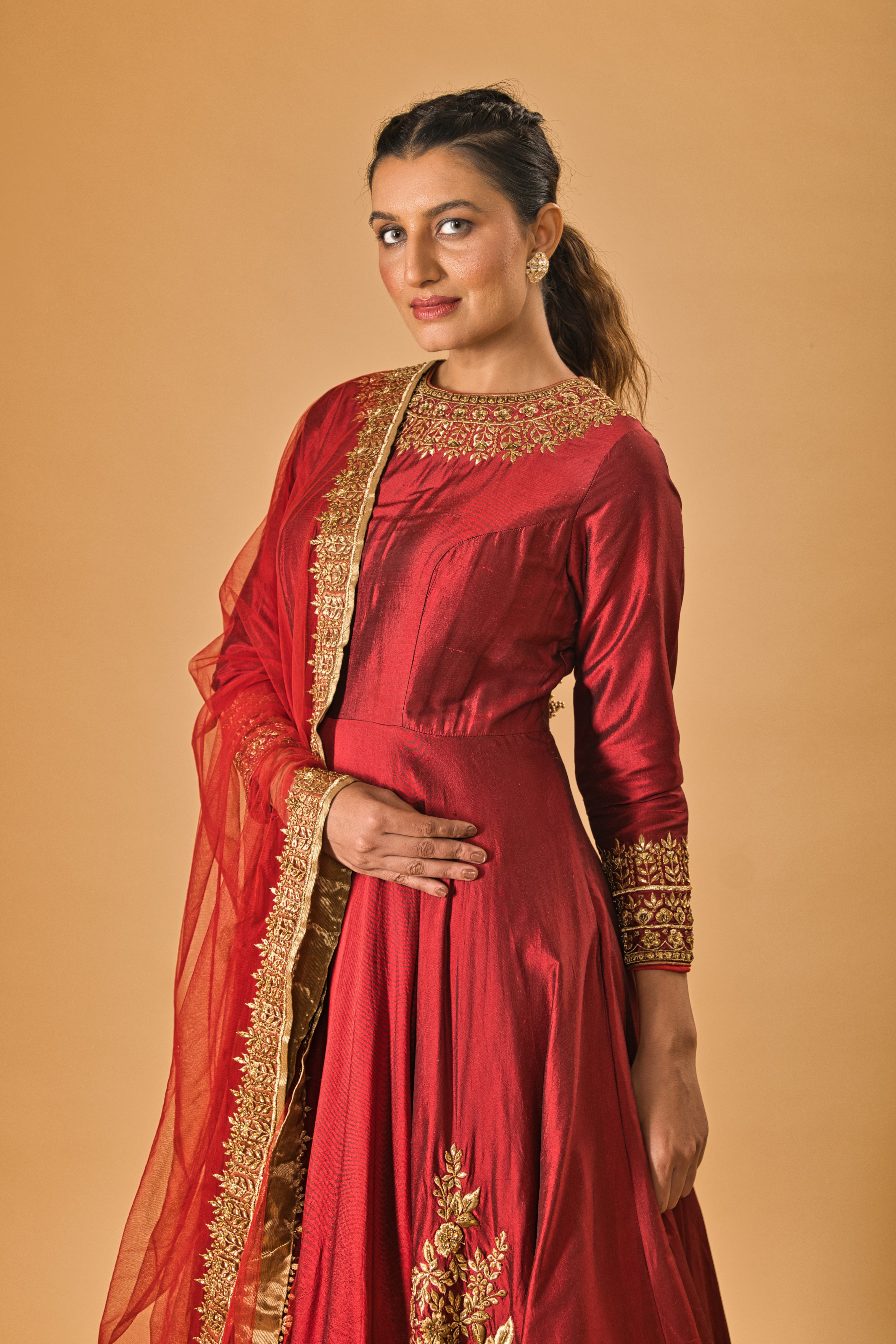 Burgundy Maroon & Gold Embroidered Silk Gown