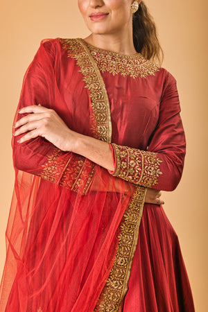 Burgundy Maroon & Gold Embroidered Silk Gown