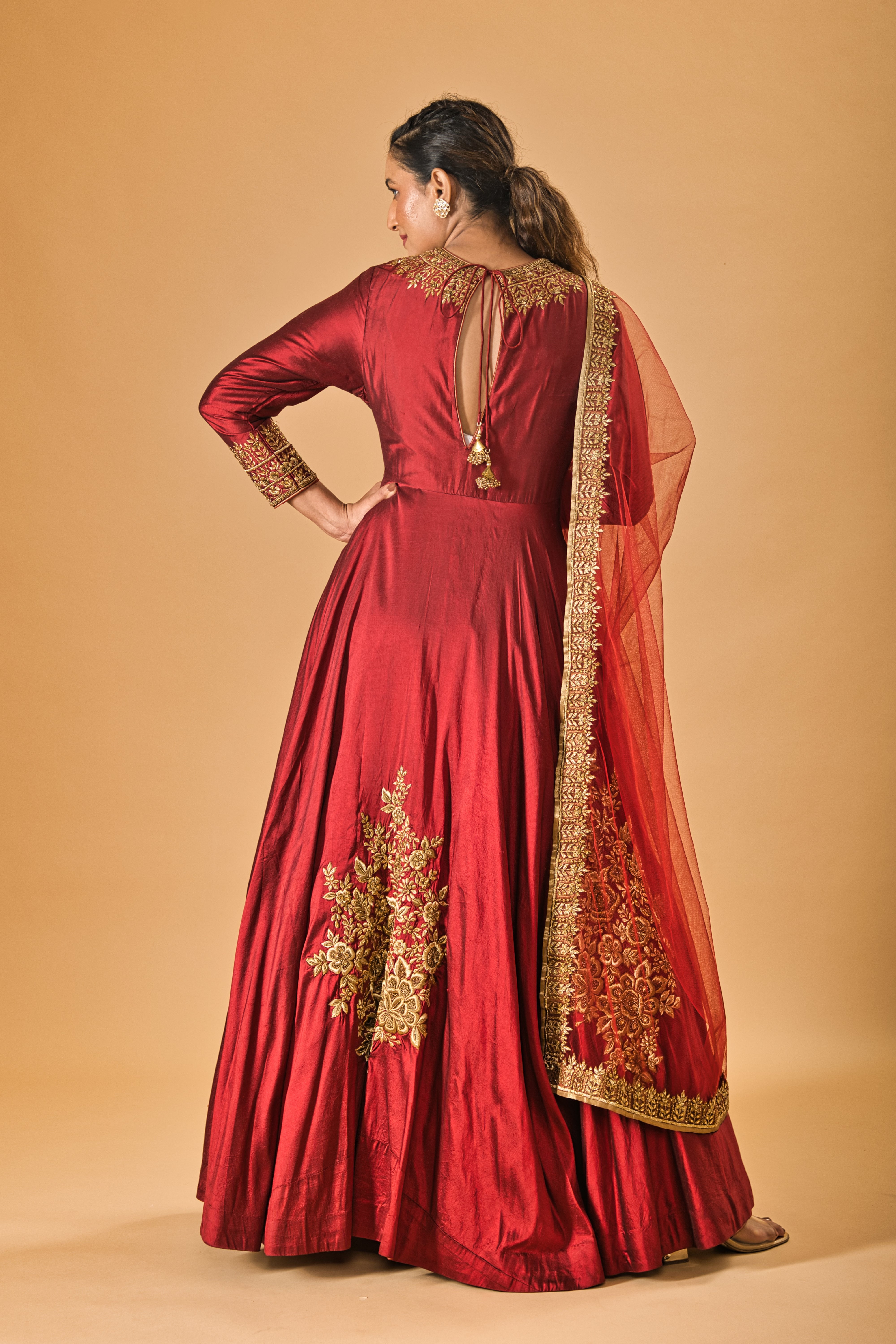 Burgundy Maroon & Gold Embroidered Silk Gown