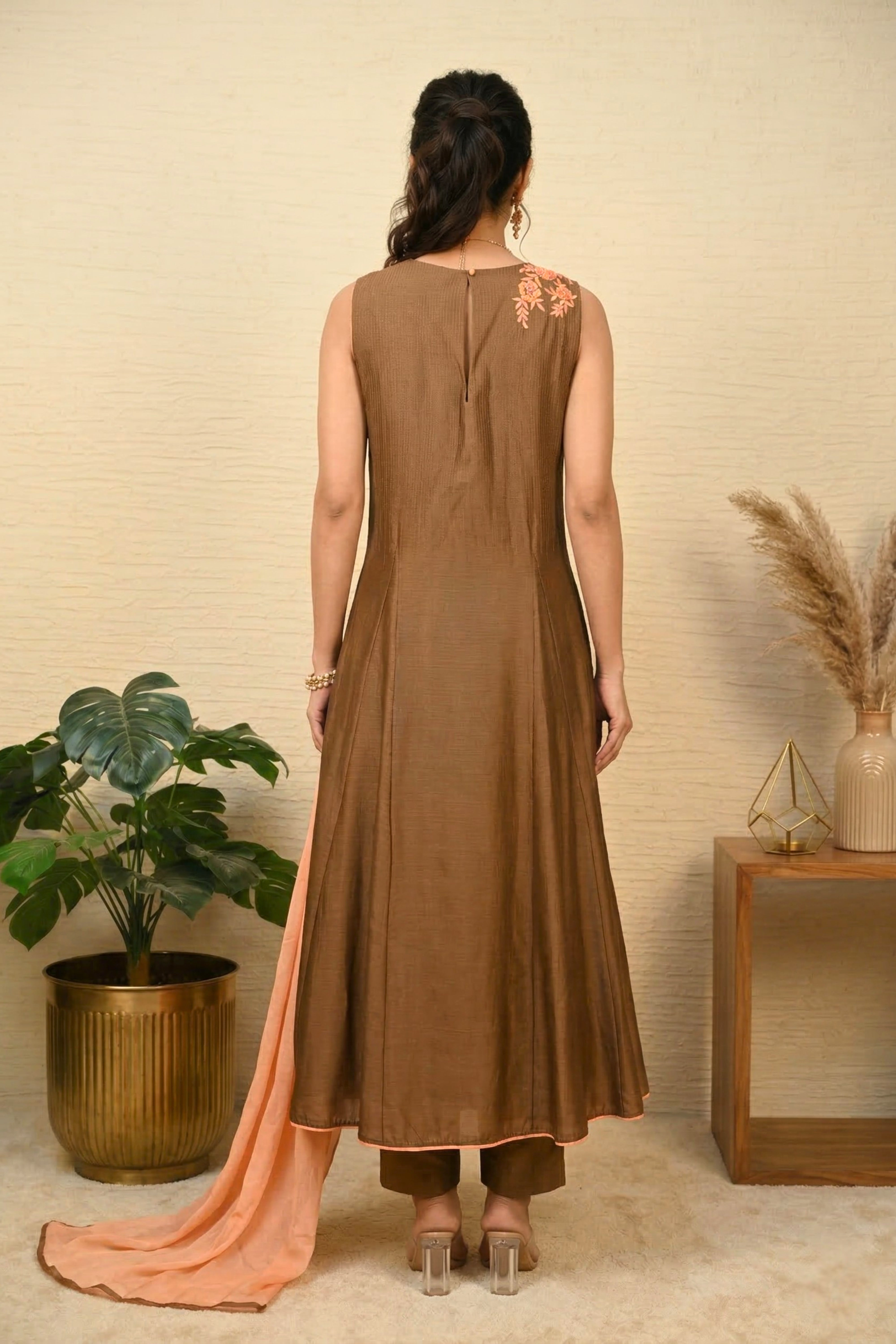 Elegant Biscuit Brown Chanderi Silk Kali Anarkali Suit Set