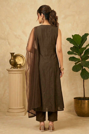 Chocolate Brown Asymmetric Embroidered Suit Set