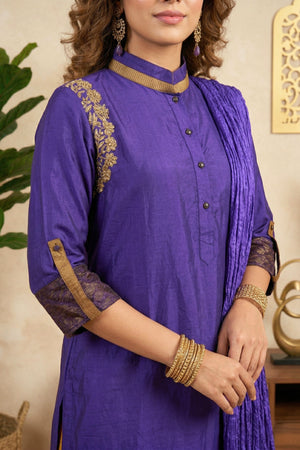 Vibrant Purple & Mustard Silk Palazzo Suit Set with Shoulder Embroidery