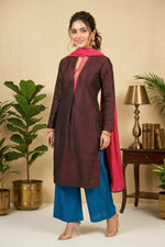 Elegant Deep Maroon Silk Suit Set with Contrast Blue Palazzos & Pink Dupatta