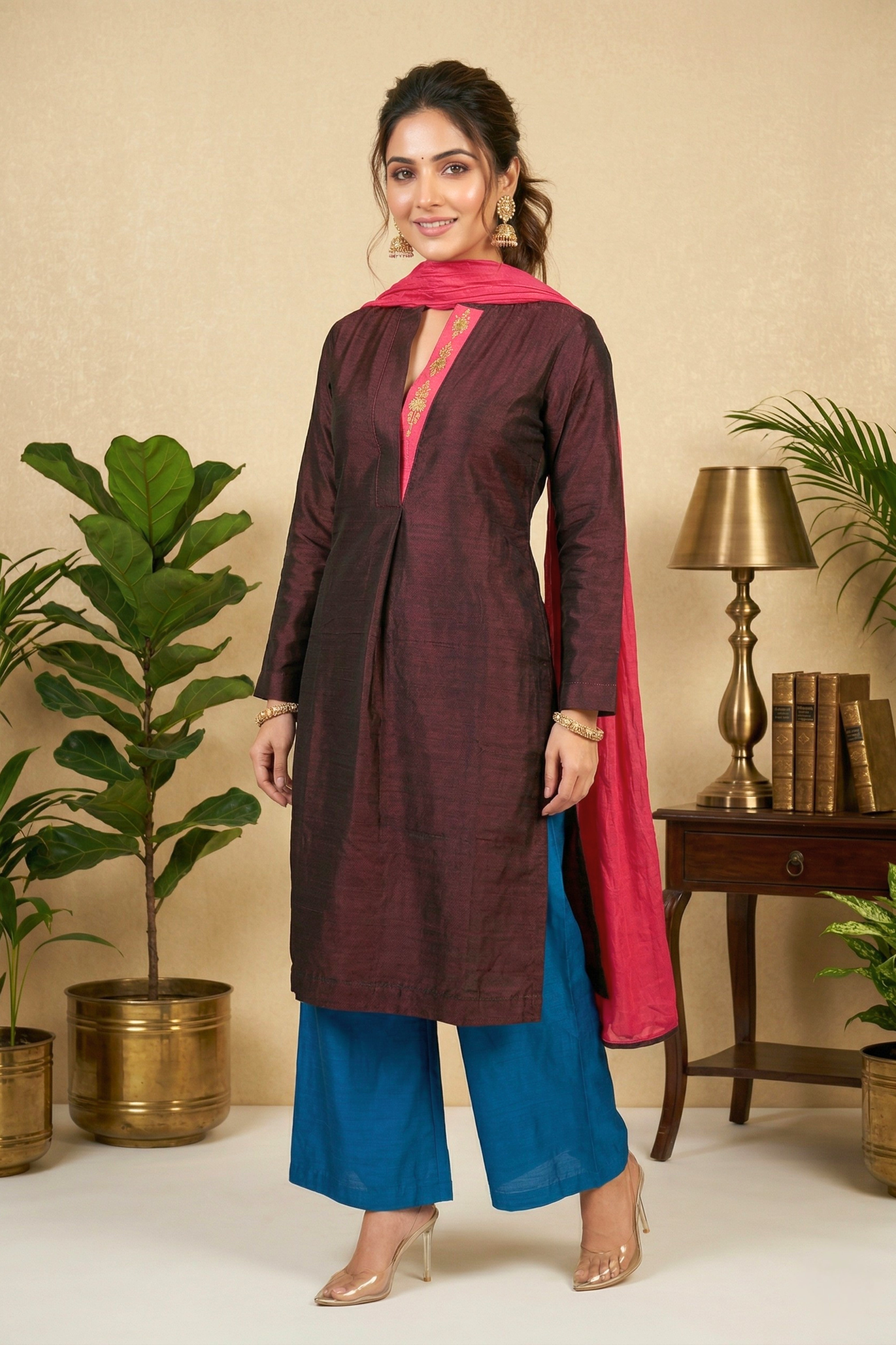 Elegant Deep Maroon Silk Suit Set with Contrast Blue Palazzos & Pink Dupatta