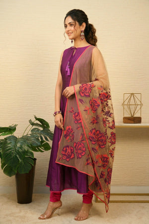 Elegant Purple Silk Anarkali Suit Set with Floral Embroidered Dupatta