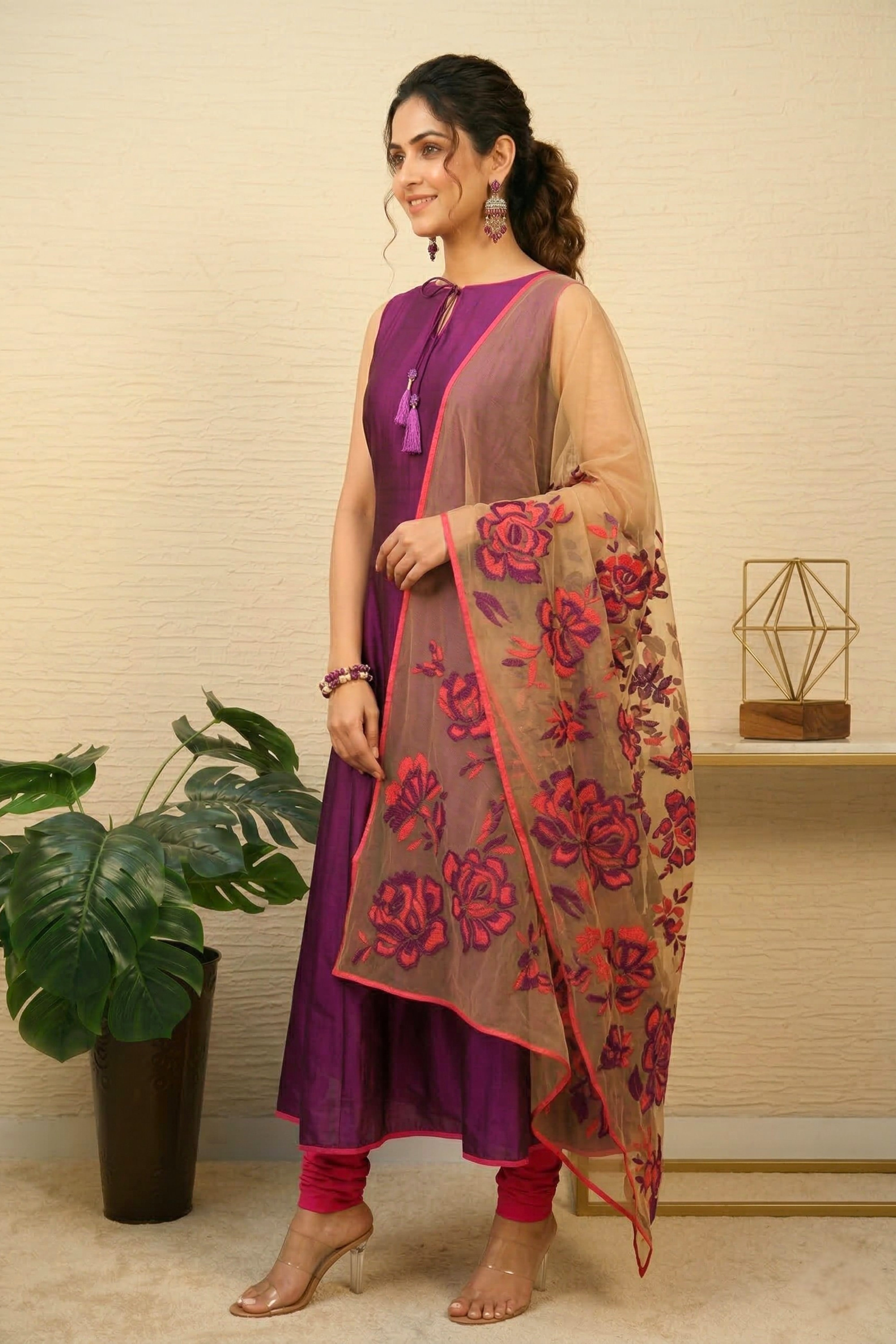 Elegant Purple Silk Anarkali Suit Set with Floral Embroidered Dupatta