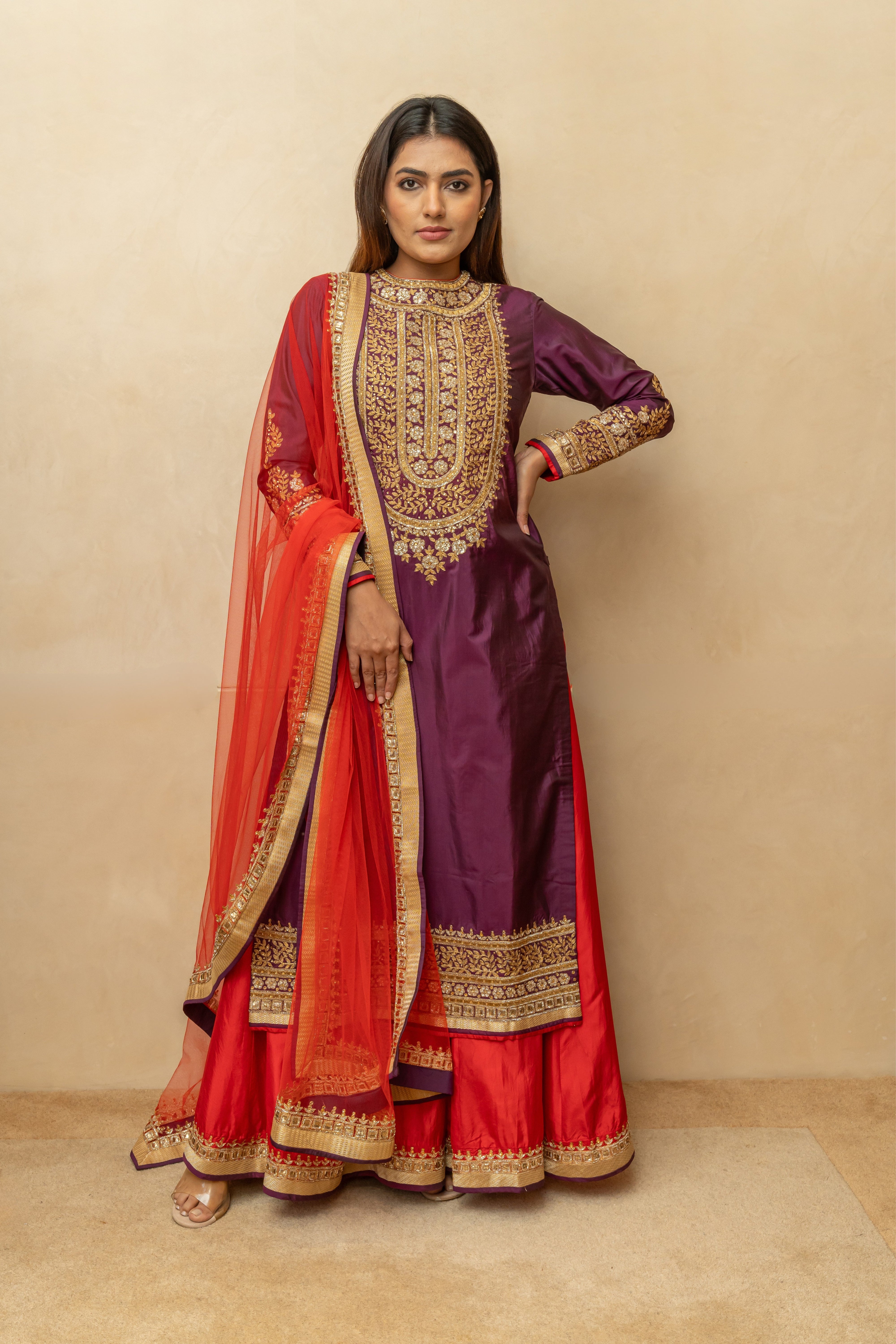 Deep Plum & Red Embroidered Silk Sharara Suit Set